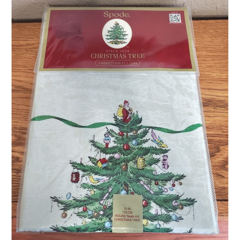 Spode Christmas Tree Fabric Tablecloth 70" Round Red Ribbon Seats 4-6 NEW
